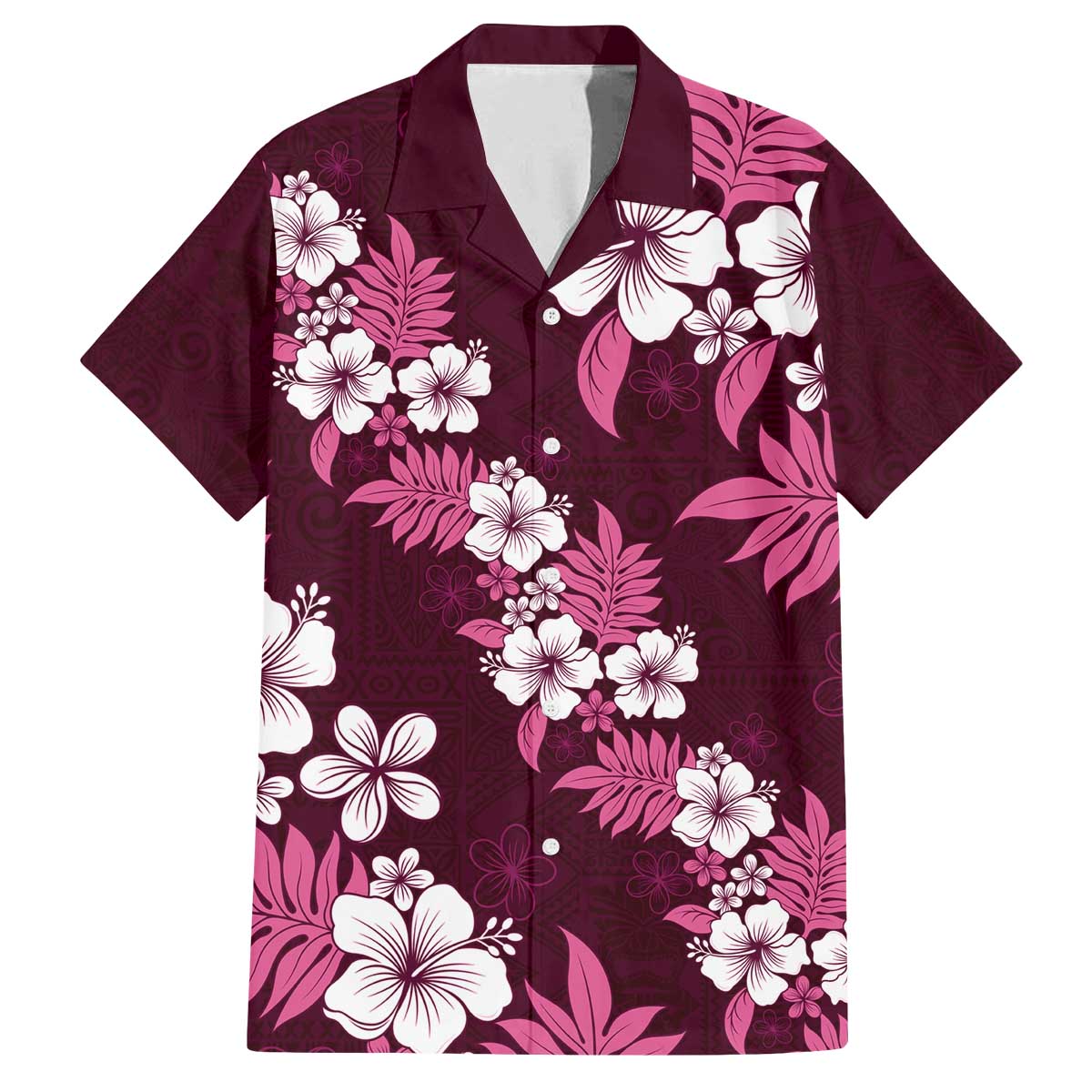 Hawaiian Hibiscus Tribal Floral Pink Family Matching Off The Shoulder Long Sleeve Dress and Hawaiian Shirt Polynesian Tapa Pattern LT01 Dad's Shirt - Short Sleeve Pink - Polynesian Pride