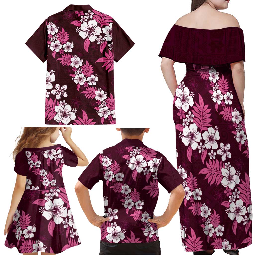 Hawaiian Hibiscus Tribal Floral Pink Family Matching Off Shoulder Maxi Dress and Hawaiian Shirt Polynesian Tapa Pattern LT01 - Polynesian Pride