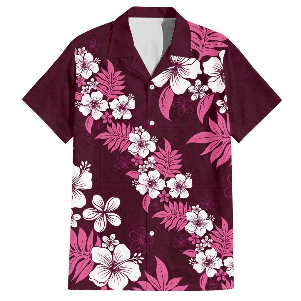 Hawaiian Hibiscus Tribal Floral Pink Family Matching Off Shoulder Maxi Dress and Hawaiian Shirt Polynesian Tapa Pattern LT01 Dad's Shirt - Short Sleeve Pink - Polynesian Pride