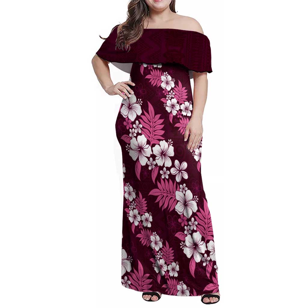 Hawaiian Hibiscus Tribal Floral Pink Family Matching Off Shoulder Maxi Dress and Hawaiian Shirt Polynesian Tapa Pattern LT01 Mom's Dress Pink - Polynesian Pride