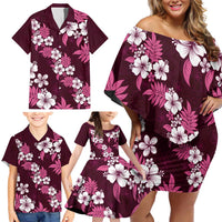 Hawaiian Hibiscus Tribal Floral Pink Family Matching Off Shoulder Short Dress and Hawaiian Shirt Polynesian Tapa Pattern LT01 - Polynesian Pride