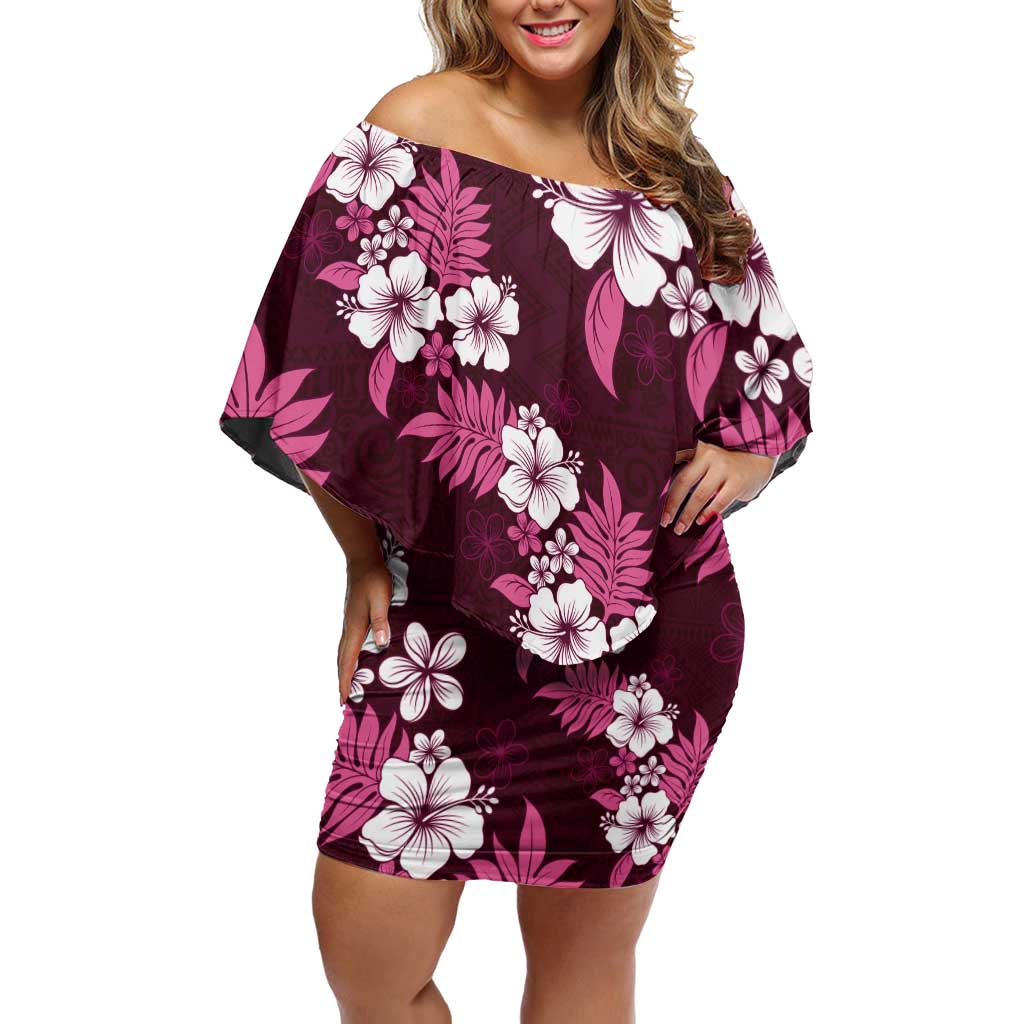 Hawaiian Hibiscus Tribal Floral Pink Family Matching Off Shoulder Short Dress and Hawaiian Shirt Polynesian Tapa Pattern LT01 Mom's Dress Pink - Polynesian Pride