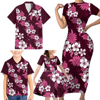 Hawaiian Hibiscus Tribal Floral Pink Family Matching Short Sleeve Bodycon Dress and Hawaiian Shirt Polynesian Tapa Pattern - Polynesian Pride