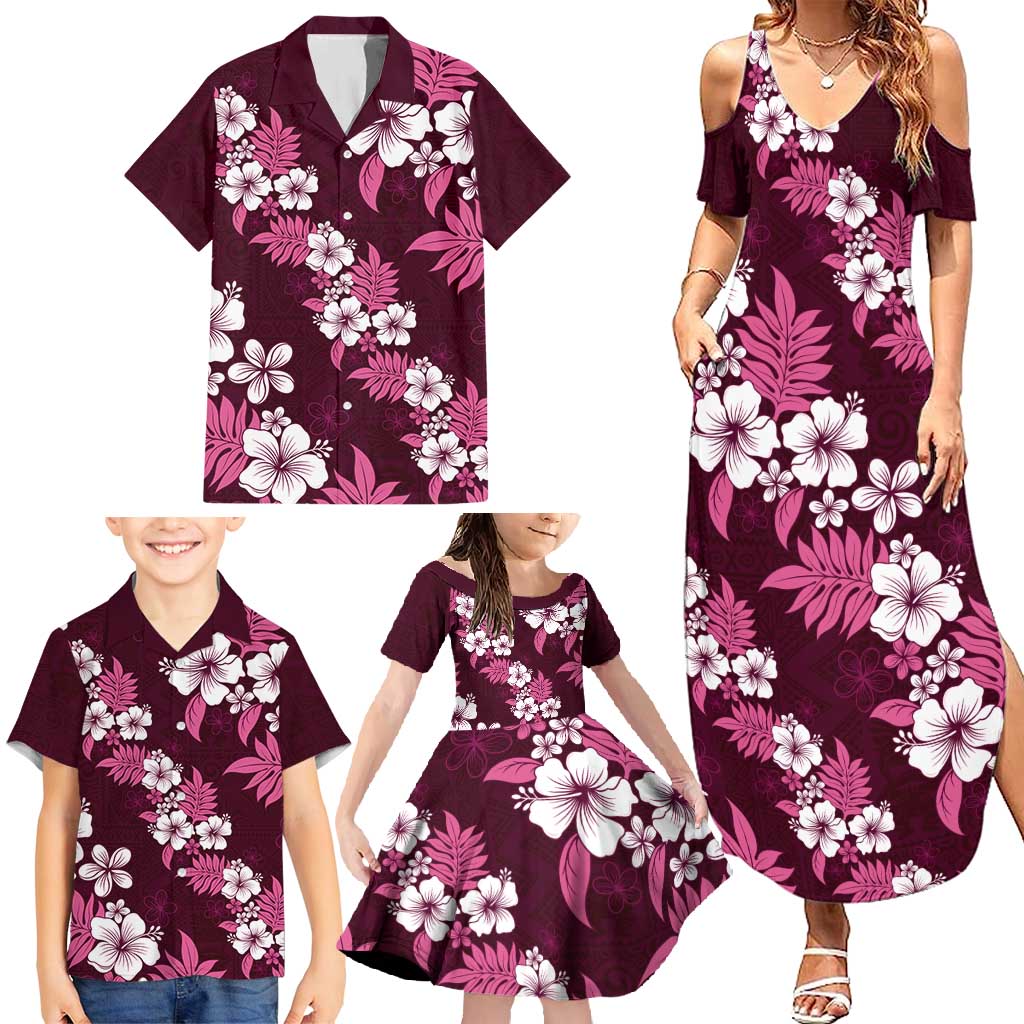 Hawaiian Hibiscus Tribal Floral Pink Family Matching Summer Maxi Dress and Hawaiian Shirt Polynesian Tapa Pattern - Polynesian Pride