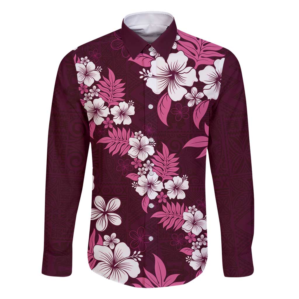Hawaiian Hibiscus Tribal Floral Pink Family Matching Summer Maxi Dress and Hawaiian Shirt Polynesian Tapa Pattern LT01 Dad's Shirt - Long Sleeve Pink - Polynesian Pride