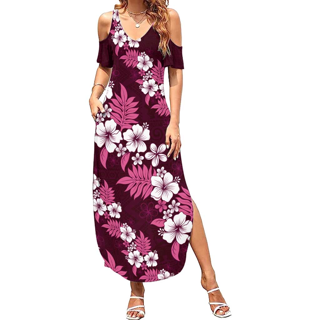 Hawaiian Hibiscus Tribal Floral Pink Family Matching Summer Maxi Dress and Hawaiian Shirt Polynesian Tapa Pattern LT01 Mom's Dress Pink - Polynesian Pride
