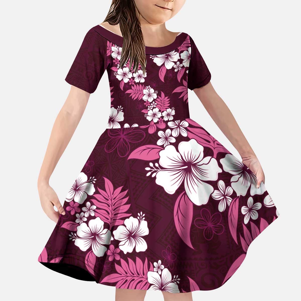 Hawaiian Hibiscus Tribal Floral Pink Kid Short Sleeve Dress Polynesian Tapa Pattern - Polynesian Pride