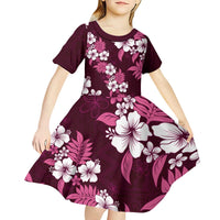 Hawaiian Hibiscus Tribal Floral Pink Kid Short Sleeve Dress Polynesian Tapa Pattern - Polynesian Pride