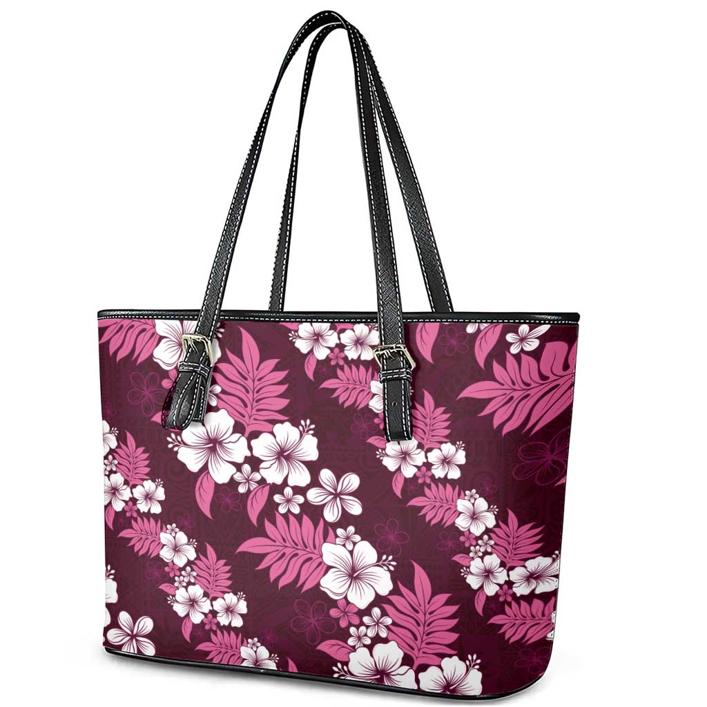 Hawaiian Hibiscus Tribal Floral Pink Leather Tote Bag Polynesian Tapa Pattern LT01 - Polynesian Pride