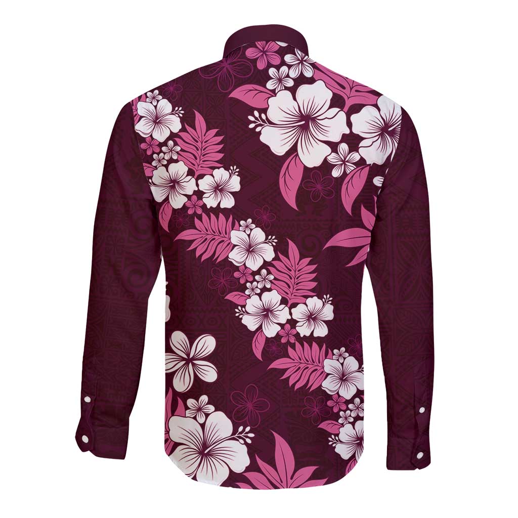 Hawaiian Hibiscus Tribal Floral Pink Long Sleeve Button Shirt Polynesian Tapa Pattern - Polynesian Pride