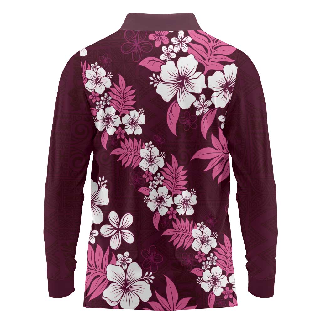 Hawaiian Hibiscus Tribal Floral Pink Long Sleeve Polo Shirt Polynesian Tapa Pattern - Polynesian Pride