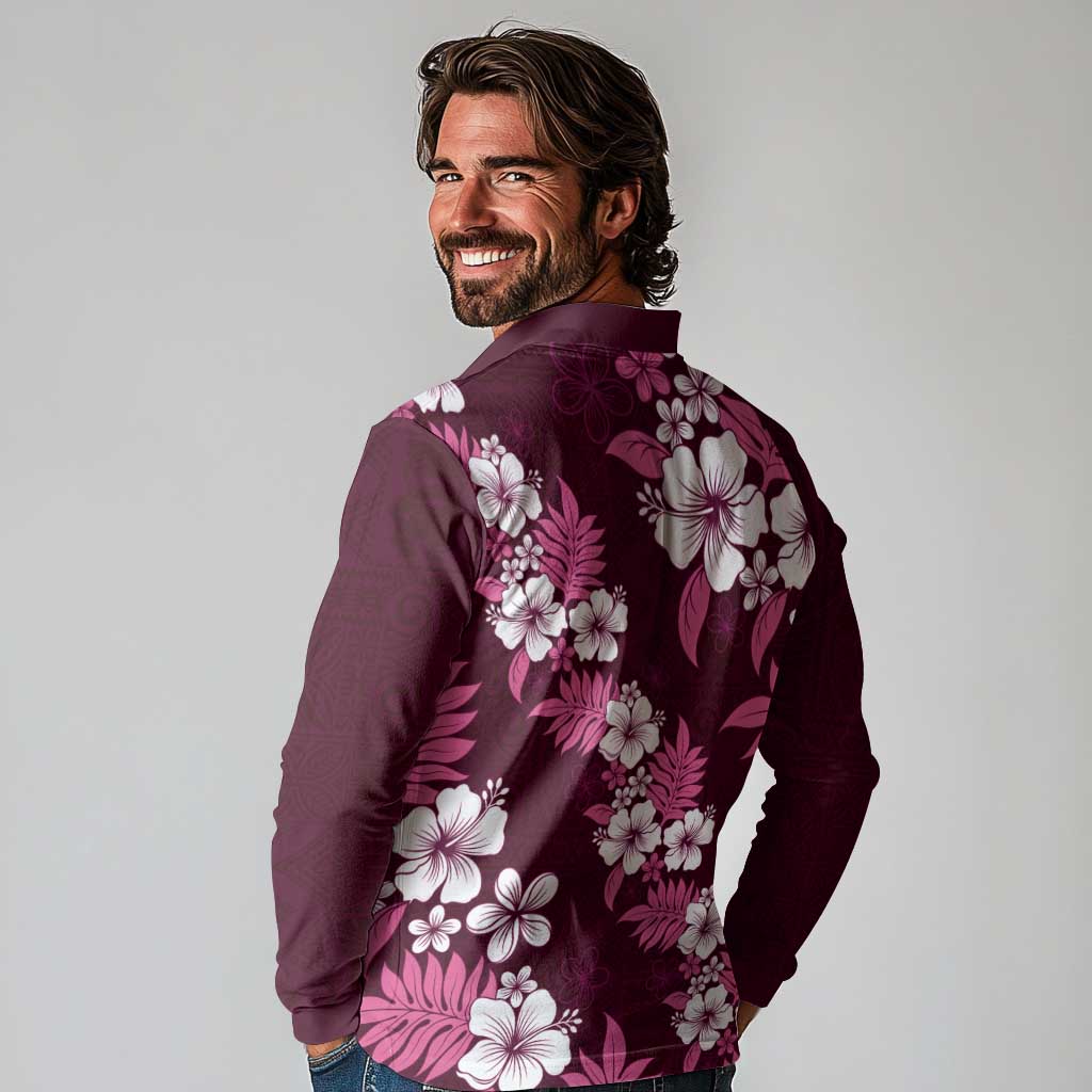 Hawaiian Hibiscus Tribal Floral Pink Long Sleeve Polo Shirt Polynesian Tapa Pattern - Polynesian Pride
