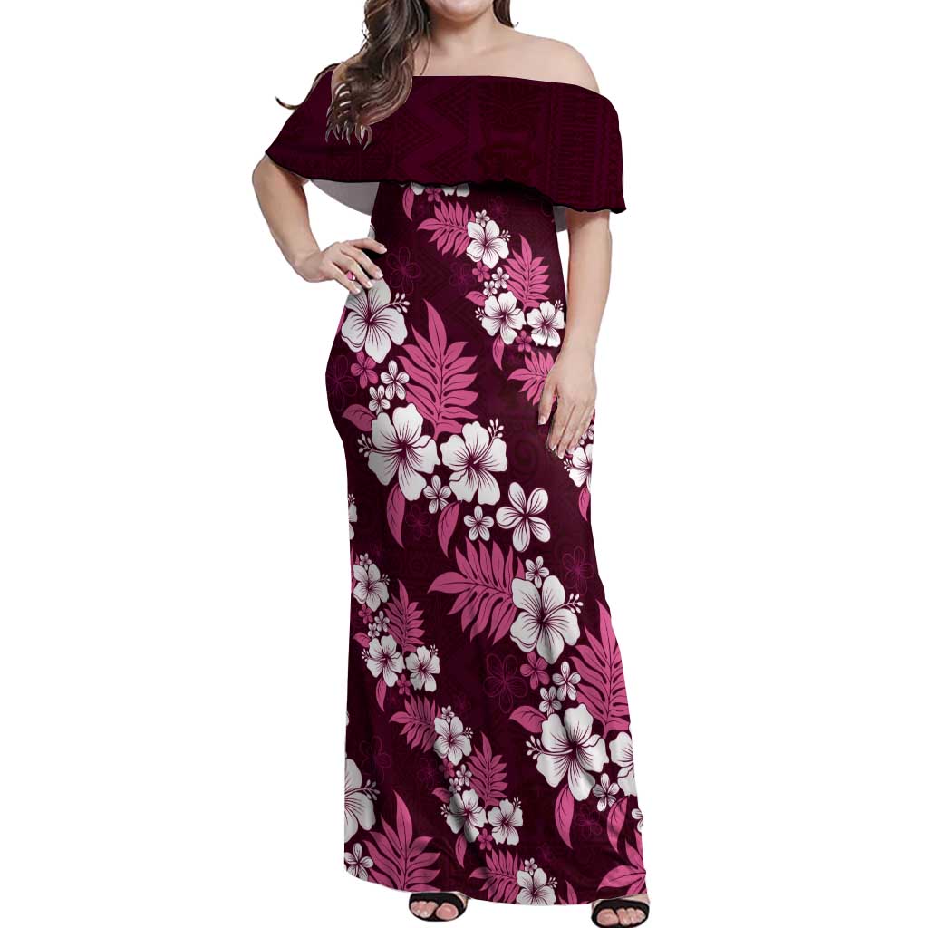 Hawaiian Hibiscus Tribal Floral Pink Off Shoulder Maxi Dress Polynesian Tapa Pattern - Polynesian Pride