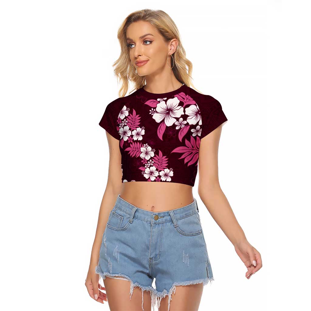Hawaiian Hibiscus Tribal Floral Pink Raglan Cropped T Shirt Polynesian Tapa Pattern - Polynesian Pride