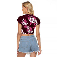 Hawaiian Hibiscus Tribal Floral Pink Raglan Cropped T Shirt Polynesian Tapa Pattern - Polynesian Pride