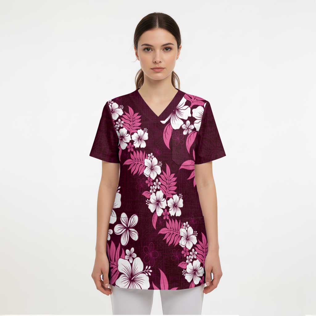 Hawaiian Hibiscus Tribal Floral Pink Scrub Top Polynesian Tapa Pattern - Polynesian Pride