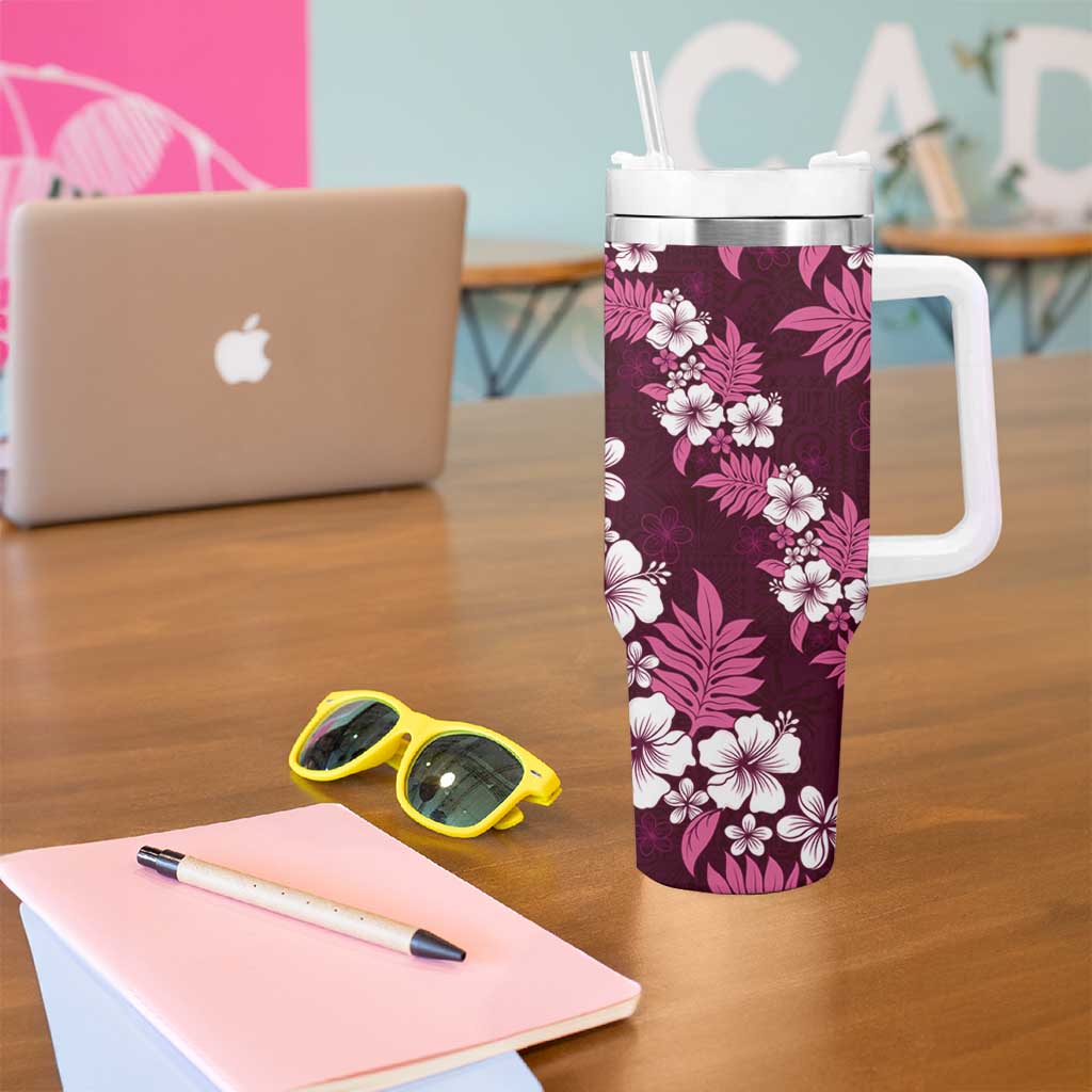 Hawaiian Hibiscus Tribal Floral Pink Tumbler With Handle Polynesian Tapa Pattern - Polynesian Pride