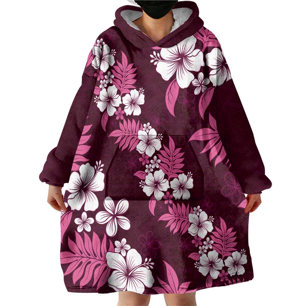 Hawaiian Hibiscus Tribal Floral Pink Wearable Blanket Hoodie Polynesian Tapa Pattern - Polynesian Pride