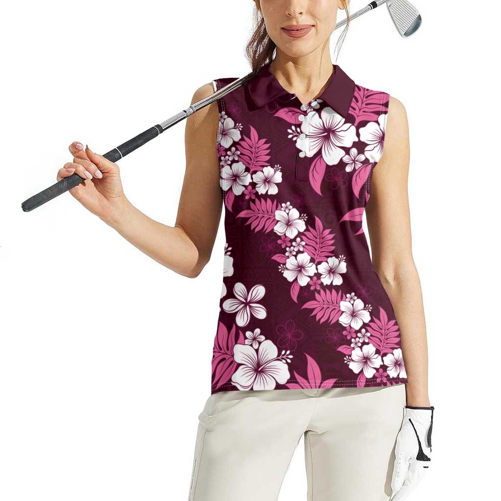 Hawaiian Hibiscus Tribal Floral Pink Women Sleeveless Polo Shirt Polynesian Tapa Pattern - Polynesian Pride