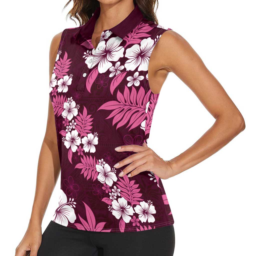 Hawaiian Hibiscus Tribal Floral Pink Women Sleeveless Polo Shirt Polynesian Tapa Pattern - Polynesian Pride
