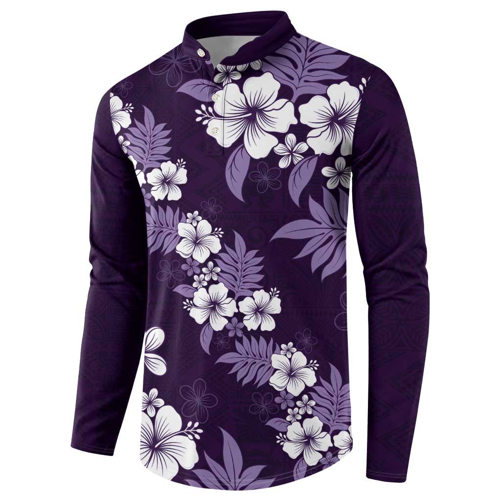 Hawaiian Hibiscus Tribal Floral Purple Button Sweatshirt Polynesian Tapa Pattern - Polynesian Pride