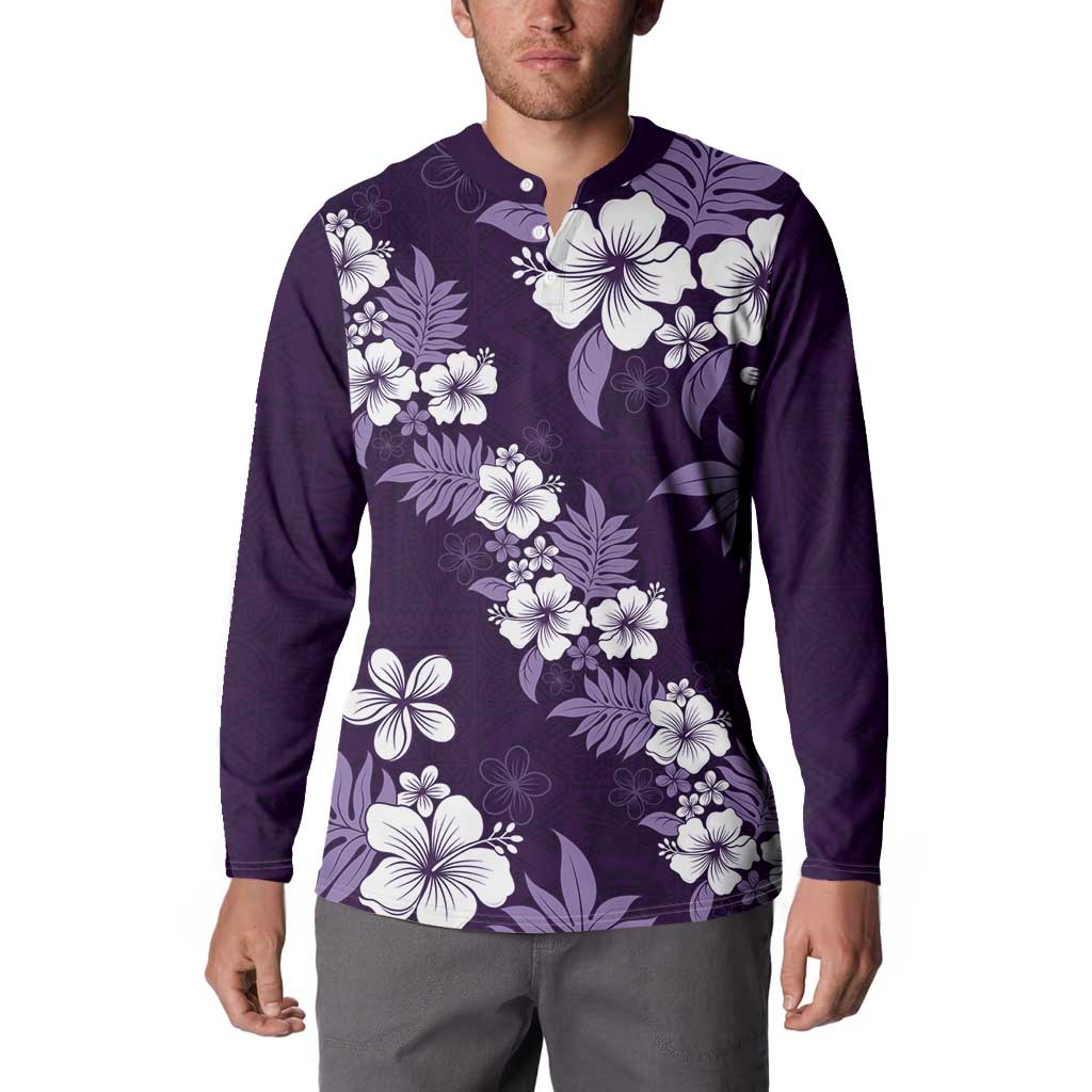 Hawaiian Hibiscus Tribal Floral Purple Button Sweatshirt Polynesian Tapa Pattern - Polynesian Pride