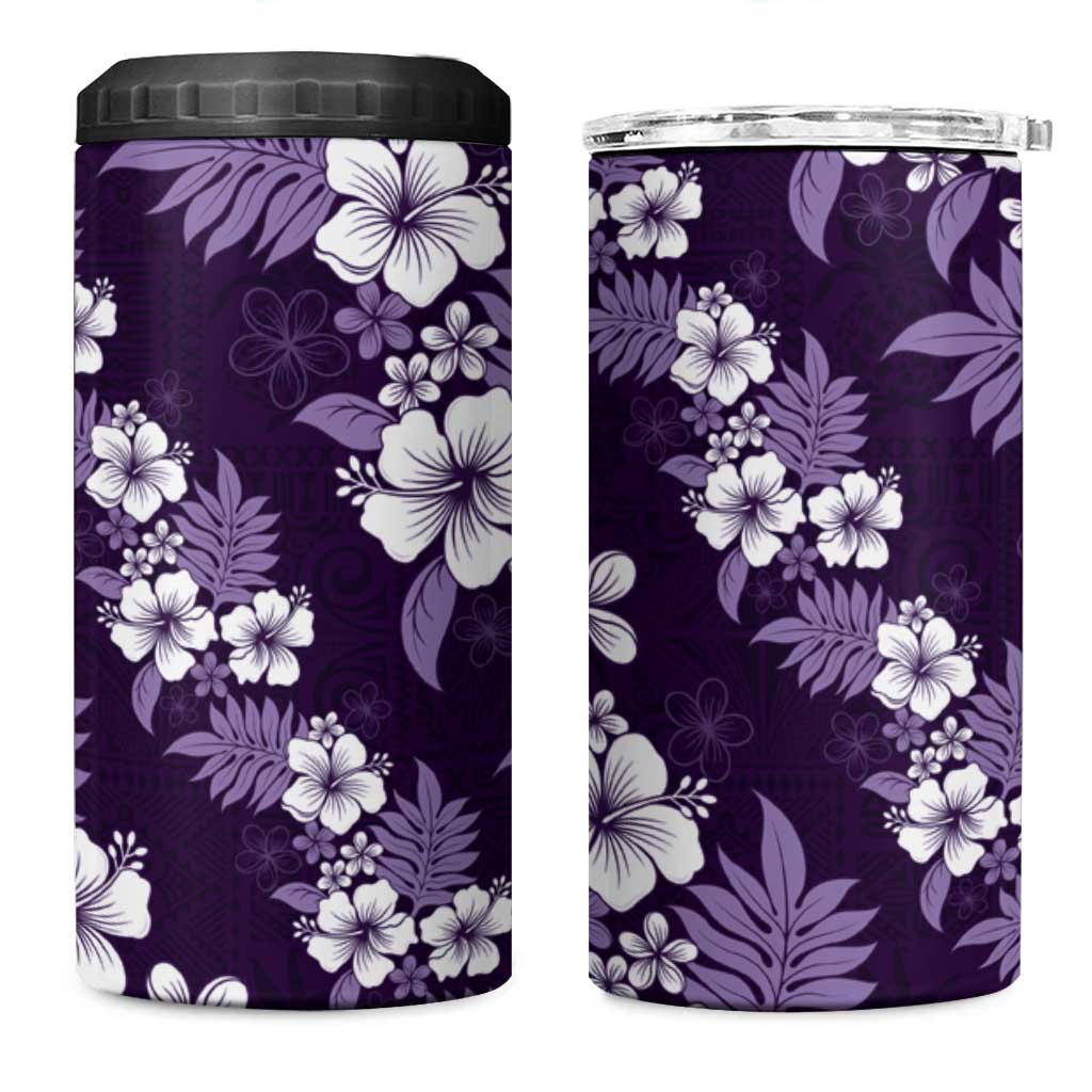 Hawaiian Hibiscus Tribal Floral Purple 4 in 1 Can Cooler Tumbler Polynesian Tapa Pattern - Polynesian Pride