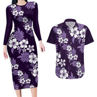 Hawaiian Hibiscus Tribal Floral Purple Couples Matching Long Sleeve Bodycon Dress and Hawaiian Shirt Polynesian Tapa Pattern LT01 Purple - Polynesian Pride