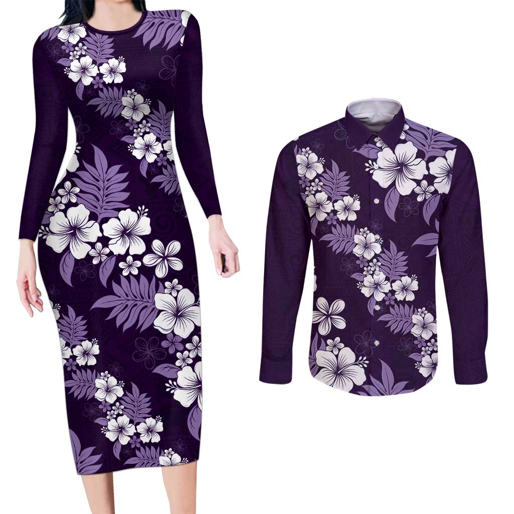Hawaiian Hibiscus Tribal Floral Purple Couples Matching Long Sleeve Bodycon Dress and Long Sleeve Button Shirt Polynesian Tapa Pattern LT01 Purple - Polynesian Pride