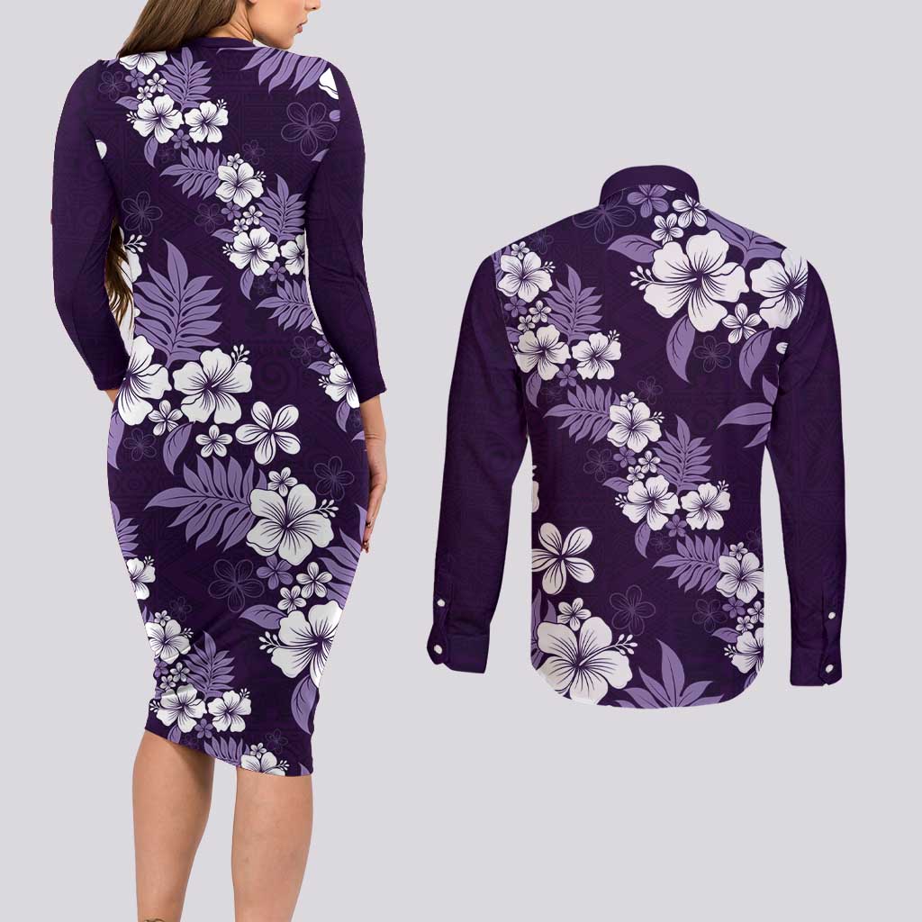 Hawaiian Hibiscus Tribal Floral Purple Couples Matching Long Sleeve Bodycon Dress and Long Sleeve Button Shirt Polynesian Tapa Pattern LT01 - Polynesian Pride