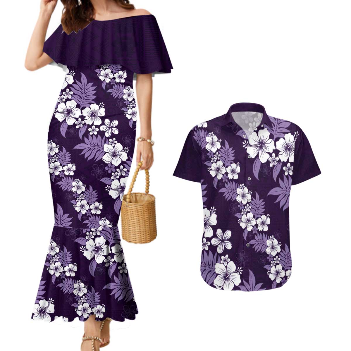 Hawaiian Hibiscus Tribal Floral Purple Couples Matching Mermaid Dress and Hawaiian Shirt Polynesian Tapa Pattern LT01 Purple - Polynesian Pride