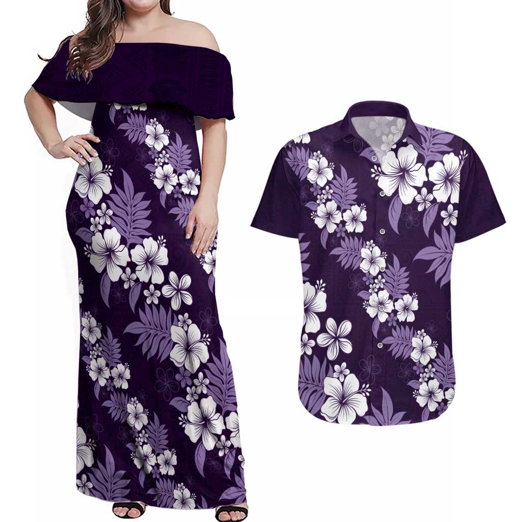 Hawaiian Hibiscus Tribal Floral Purple Couples Matching Off Shoulder Maxi Dress and Hawaiian Shirt Polynesian Tapa Pattern LT01 Purple - Polynesian Pride