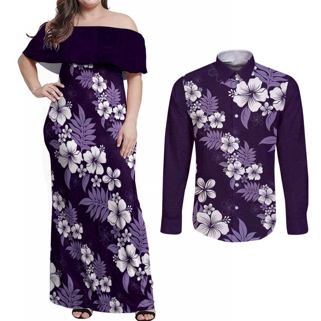 Hawaiian Hibiscus Tribal Floral Purple Couples Matching Off Shoulder Maxi Dress and Long Sleeve Button Shirt Polynesian Tapa Pattern - Polynesian Pride