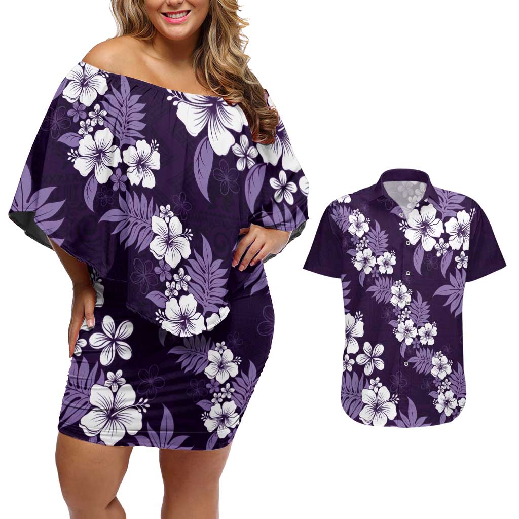 Hawaiian Hibiscus Tribal Floral Purple Couples Matching Off Shoulder Short Dress and Hawaiian Shirt Polynesian Tapa Pattern LT01 Purple - Polynesian Pride