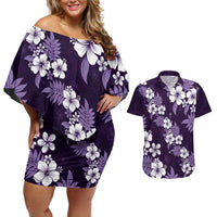 Hawaiian Hibiscus Tribal Floral Purple Couples Matching Off Shoulder Short Dress and Hawaiian Shirt Polynesian Tapa Pattern LT01 Purple - Polynesian Pride