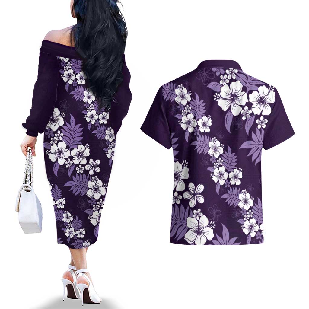 Hawaiian Hibiscus Tribal Floral Purple Couples Matching Off The Shoulder Long Sleeve Dress and Hawaiian Shirt Polynesian Tapa Pattern - Polynesian Pride