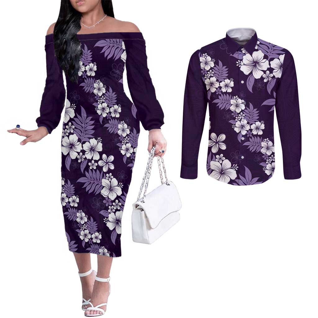 Hawaiian Hibiscus Tribal Floral Purple Couples Matching Off The Shoulder Long Sleeve Dress and Long Sleeve Button Shirt Polynesian Tapa Pattern LT01 Purple - Polynesian Pride