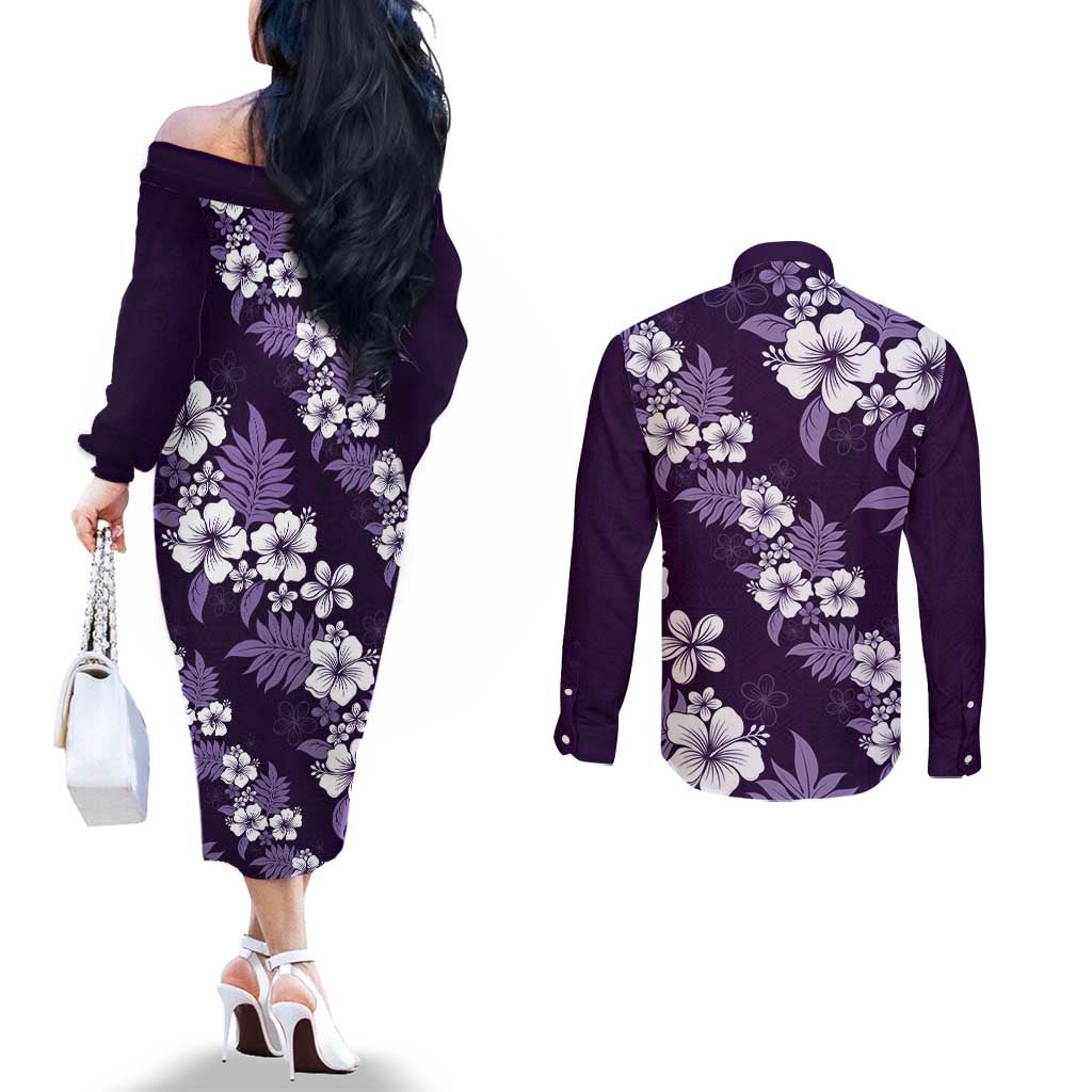 Hawaiian Hibiscus Tribal Floral Purple Couples Matching Off The Shoulder Long Sleeve Dress and Long Sleeve Button Shirt Polynesian Tapa Pattern LT01 - Polynesian Pride