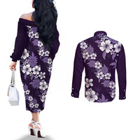 Hawaiian Hibiscus Tribal Floral Purple Couples Matching Off The Shoulder Long Sleeve Dress and Long Sleeve Button Shirt Polynesian Tapa Pattern LT01 - Polynesian Pride