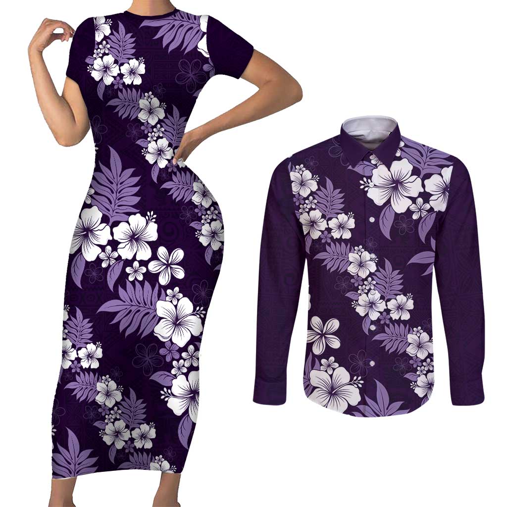 Hawaiian Hibiscus Tribal Floral Purple Couples Matching Short Sleeve Bodycon Dress and Long Sleeve Button Shirt Polynesian Tapa Pattern LT01 Purple - Polynesian Pride