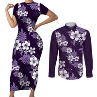 Hawaiian Hibiscus Tribal Floral Purple Couples Matching Short Sleeve Bodycon Dress and Long Sleeve Button Shirt Polynesian Tapa Pattern LT01 Purple - Polynesian Pride