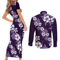 Hawaiian Hibiscus Tribal Floral Purple Couples Matching Short Sleeve Bodycon Dress and Long Sleeve Button Shirt Polynesian Tapa Pattern LT01 - Polynesian Pride