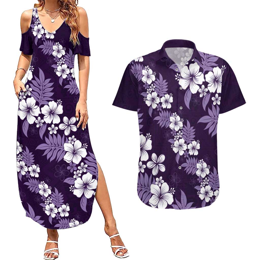 Hawaiian Hibiscus Tribal Floral Purple Couples Matching Summer Maxi Dress and Hawaiian Shirt Polynesian Tapa Pattern LT01 Purple - Polynesian Pride