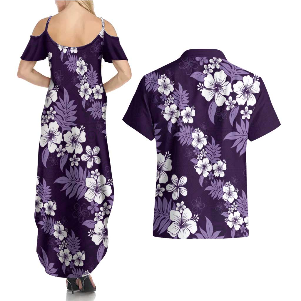 Hawaiian Hibiscus Tribal Floral Purple Couples Matching Summer Maxi Dress and Hawaiian Shirt Polynesian Tapa Pattern LT01 - Polynesian Pride