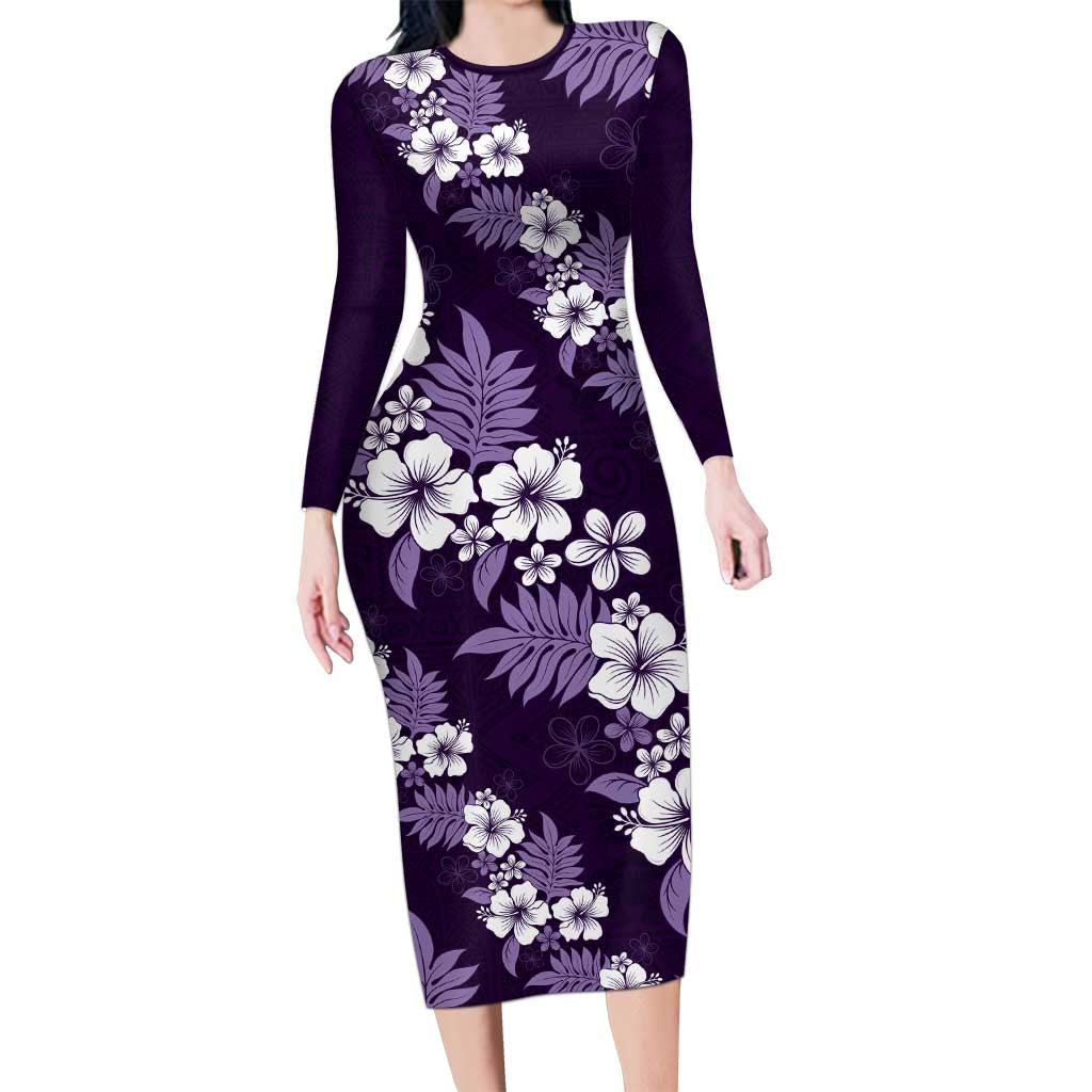 Hawaiian Hibiscus Tribal Floral Purple Family Matching Long Sleeve Bodycon Dress and Hawaiian Shirt Polynesian Tapa Pattern - Polynesian Pride