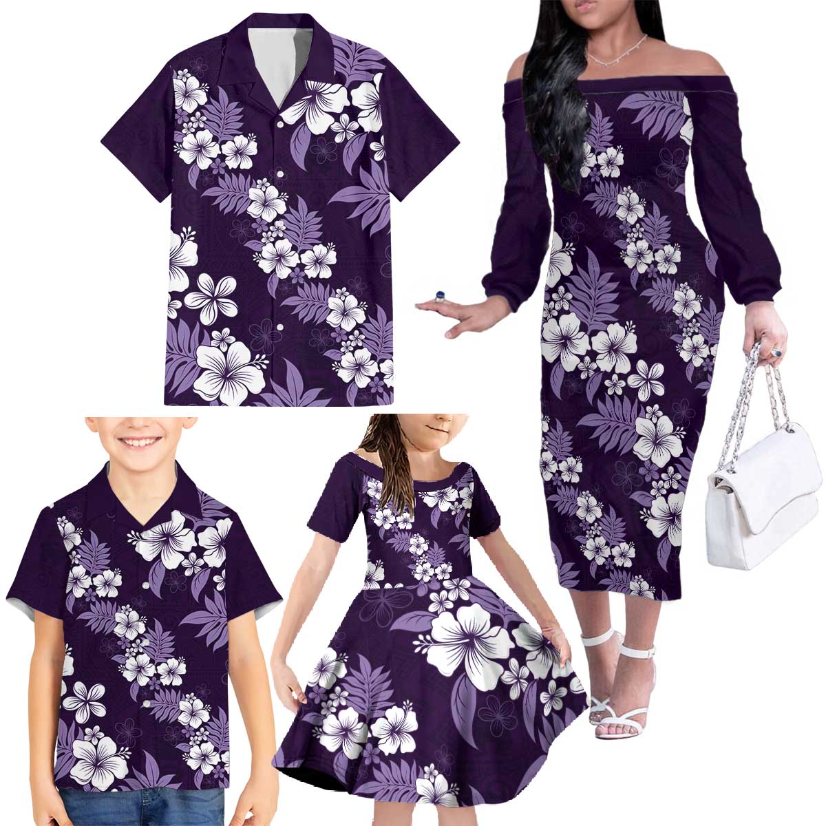Hawaiian Hibiscus Tribal Floral Purple Family Matching Off The Shoulder Long Sleeve Dress and Hawaiian Shirt Polynesian Tapa Pattern LT01 - Polynesian Pride