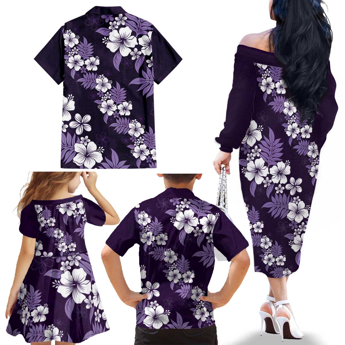 Hawaiian Hibiscus Tribal Floral Purple Family Matching Off The Shoulder Long Sleeve Dress and Hawaiian Shirt Polynesian Tapa Pattern LT01 - Polynesian Pride