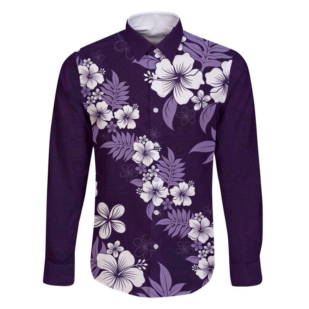 Hawaiian Hibiscus Tribal Floral Purple Family Matching Off Shoulder Short Dress and Hawaiian Shirt Polynesian Tapa Pattern LT01 Dad's Shirt - Long Sleeve Purple - Polynesian Pride