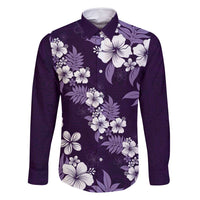 Hawaiian Hibiscus Tribal Floral Purple Family Matching Off Shoulder Short Dress and Hawaiian Shirt Polynesian Tapa Pattern LT01 Dad's Shirt - Long Sleeve Purple - Polynesian Pride