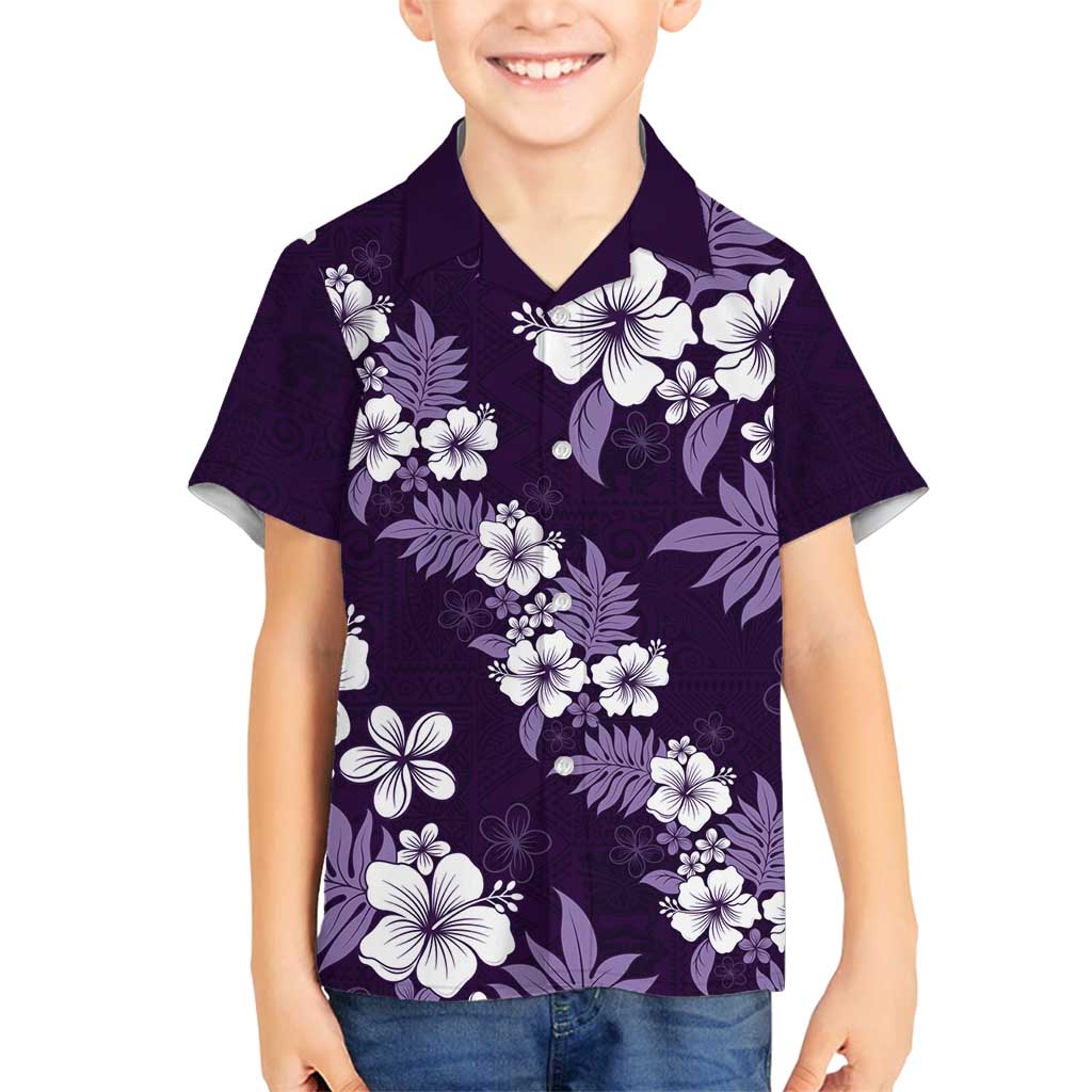 Hawaiian Hibiscus Tribal Floral Purple Family Matching Off Shoulder Short Dress and Hawaiian Shirt Polynesian Tapa Pattern LT01 Son's Shirt Purple - Polynesian Pride